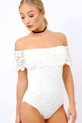 white Lace Bardot Bodysuit - Rae-Bodysuits