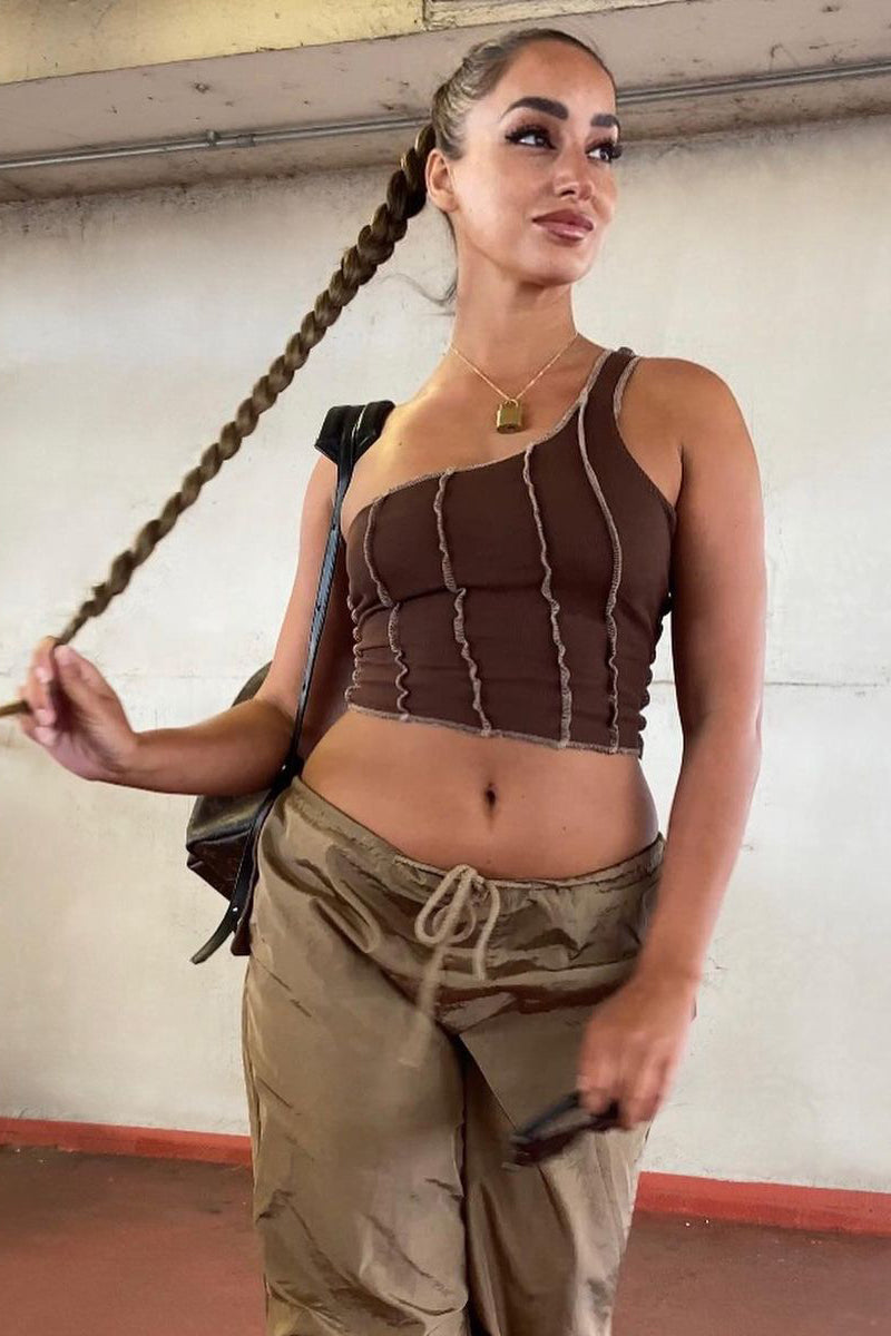 Brown Rib One Sleeve Crop Top - Zaniah